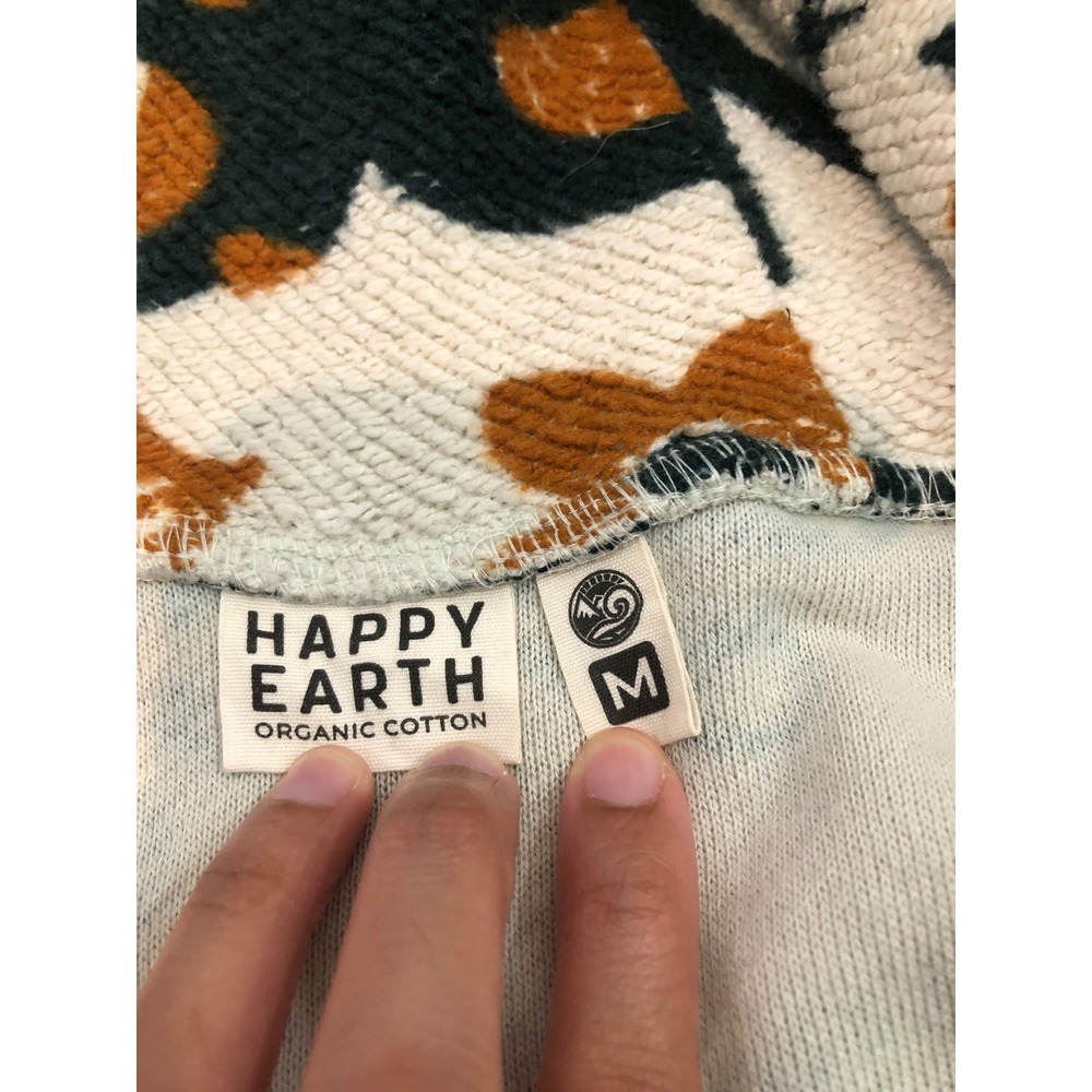 Happy Earth Fleece Hoodie Jacket Unisex Medium Cream Green Bird Floral Zip Up - Picture 7 of 9